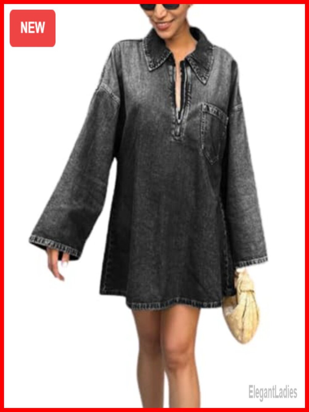Women's Long Sleeve Denim Mini Dress Zip Up Jean Dress with Pockets